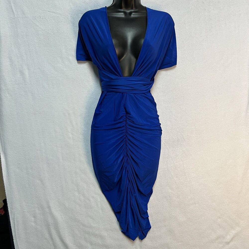 Convertible Infinity Dress Large Blue Ruched Multiway Made USA Vacation Y2K Club